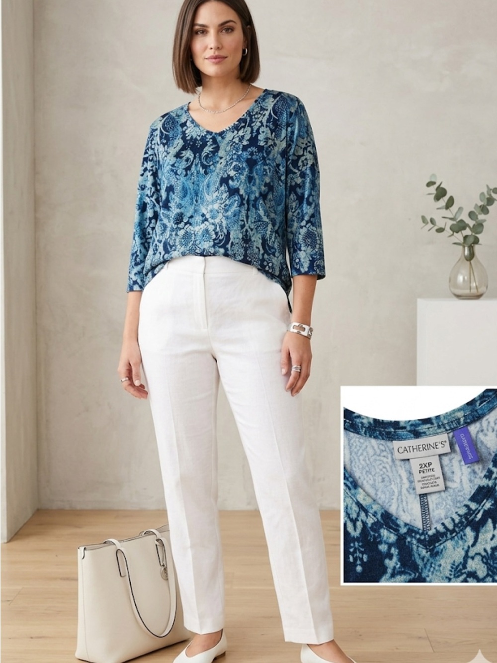 Catherine's Blue Velour like V-Neck Printed Top